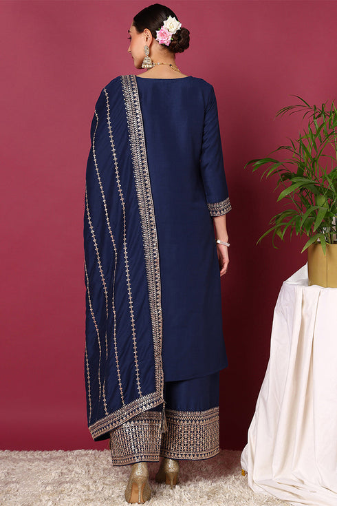 Plus Size Blue Silk Blend Solid Yoke Design Straight Suit Set